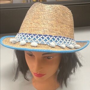 Source Unknown Tan and Blue Straw Hat unisex item